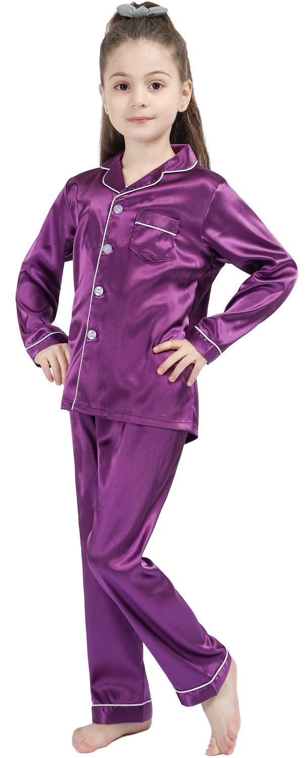 OEIU Kid Silky Satin Pajamas Set for Girls Boys pj Set Sleepwear Button-up Lounge Sets Nightwear Purple 150 - Image 4