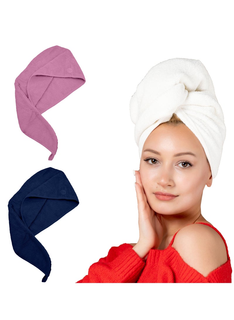Siesta Zen Premium 100% Pure Combed Cotton Soft Hair Towels, Easy Button to Hold for Women & Kids with Wet, Curly Long Thick Hair, Anti-Frizz Quick Dry Towel Turban Super Ultra Absorbent (Navy & Pink (2 Pcs)) - Image 1