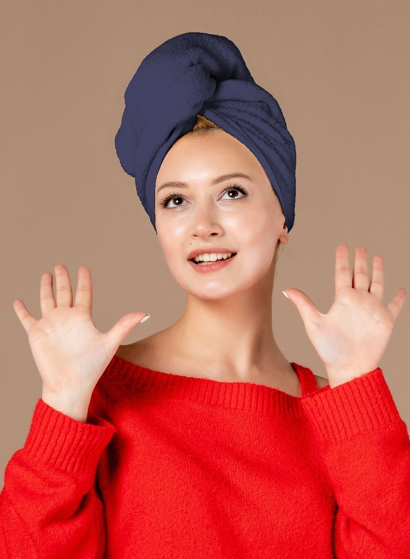 Siesta Zen Premium 100% Pure Combed Cotton Soft Hair Towels, Easy Button to Hold for Women & Kids with Wet, Curly Long Thick Hair, Anti-Frizz Quick Dry Towel Turban Super Ultra Absorbent (Navy & Pink (2 Pcs)) - Image 3