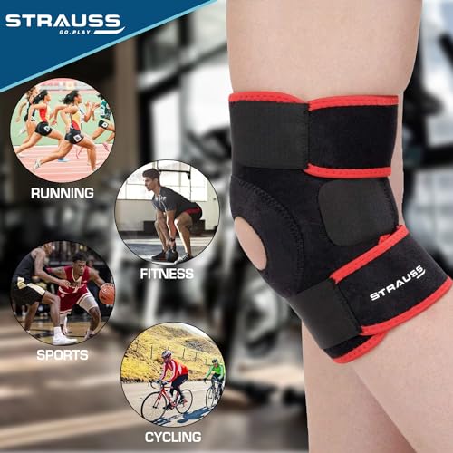 Strauss Adjustable Knee Support Patella|Knee Cap for Knee Pain, Gym Workout, Running, Arthritis, and Protection for Men and Women| Knee Brace |Knee Guard |Knee belt | Joint pain relief | Pair, (Free Size, Black/Red) - Image 4