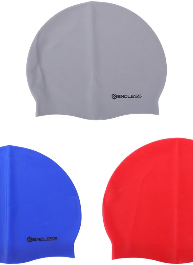 ENDLESS  3-Pack Silicone Swim Cap Set – Leak-Proof, Soft & Stretchy Caps for Men & Women | Comfortable Fit for Long Hair | Perfect for Pool and Open Water|Blue, Red, Silver  - Image 1