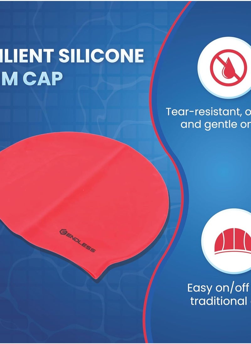 ENDLESS  3-Pack Silicone Swim Cap Set – Leak-Proof, Soft & Stretchy Caps for Men & Women | Comfortable Fit for Long Hair | Perfect for Pool and Open Water|Blue, Red, Silver  - Image 4