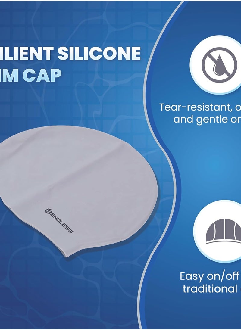 ENDLESS  3-Pack Silicone Swim Cap Set – Leak-Proof, Soft & Stretchy Caps for Men & Women | Comfortable Fit for Long Hair | Perfect for Pool and Open Water|Blue, Red, Silver  - Image 2