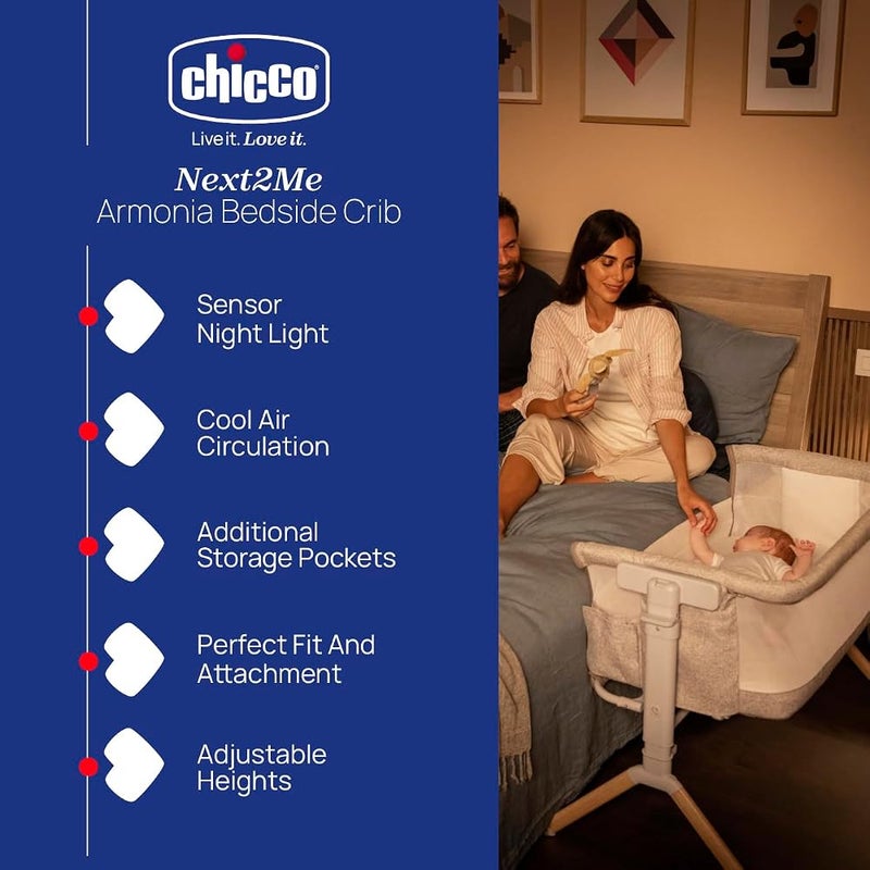 Chicco Next2Me Armonia Bedside Crib from Birth up to 6 Months, Co-Sleeping Crib with Motion Sensor Night Light, Adjustable Height, Storage Pockets and Mattress - Image 2