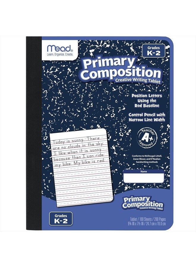 Mead دفتر ملاحظات أساسي، ورق مسطر عريض، كتيب كتابة للصفوف K-2، 9-3/4" × 7-1/2"، 100 ورقة، رخام أزرق (09902) - Image 1