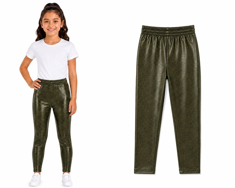 Girls Leggings for Kids – Stretchy Lycra Pants – Olive Green - Image 1