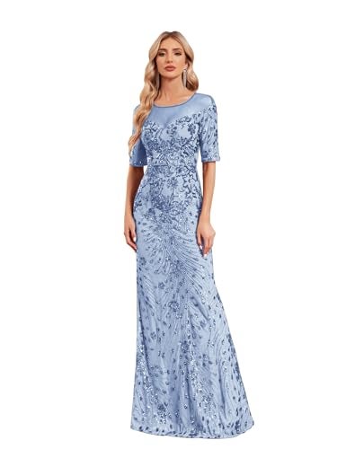 XUIBOL Short Sleeve Glitter Mermaid Evening Dress for Mother of The Bride Patchwork Women's Sequin Formal Gown Light Blue XXL - Image 1