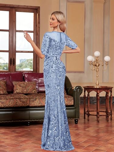 XUIBOL Short Sleeve Glitter Mermaid Evening Dress for Mother of The Bride Patchwork Women's Sequin Formal Gown Light Blue XXL - Image 2