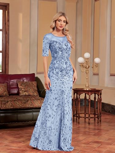 XUIBOL Short Sleeve Glitter Mermaid Evening Dress for Mother of The Bride Patchwork Women's Sequin Formal Gown Light Blue XXL - Image 5