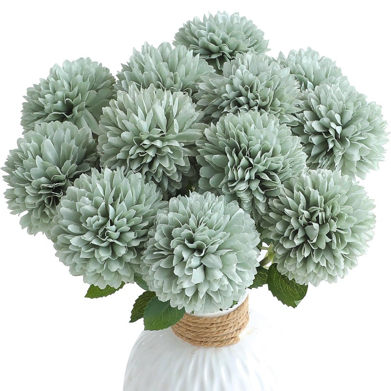 Floroom 12pcs Sage Green Faux Silk Mums Artificial Flowers Bulk Fake Chrysanthemums with Stems for DIY Wedding Table Centerpieces Floral Arrangements Vase Fillers Home Decorations - Image 1