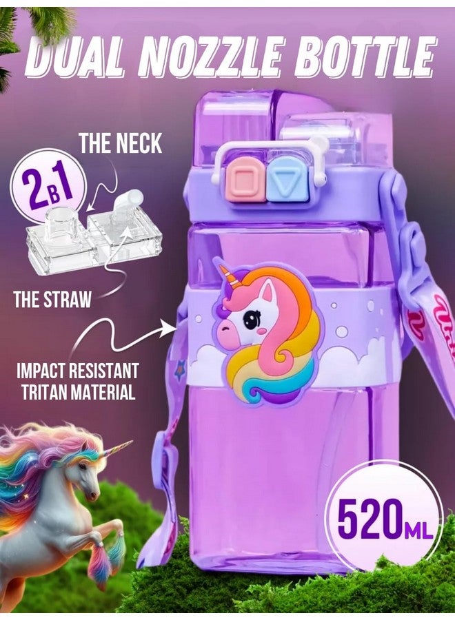 Elecart Unicorn Kid's Cartoon Water Bottle with Adjustable Strap - Cute Double Drinking Straw Cup | Leak-Proof, Portable Tumbler - 500ML - Perfect for School & Outdoor Fun (Unicorn) - Image 2