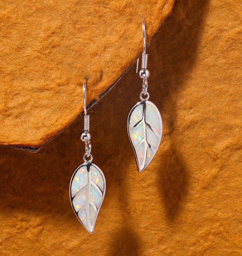 CiNily Opal Leaf Dangle Earrings-White Fire Opal White Gold Plated Drop Earrings for Women Jewelry Gemstone Dangle Earrings - Image 4