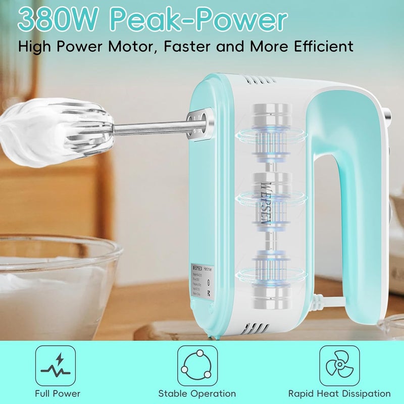 WEPSEN Hand Mixer Electric Handheld, 5-Speed Handheld Mixer, 380W Electric Mixer with Stainless Steel Whisk Beater Attachments, Snap-On Storage Case, Measuring Cups, Kitchen Cake Mixers for Baking Supplies - Image 2