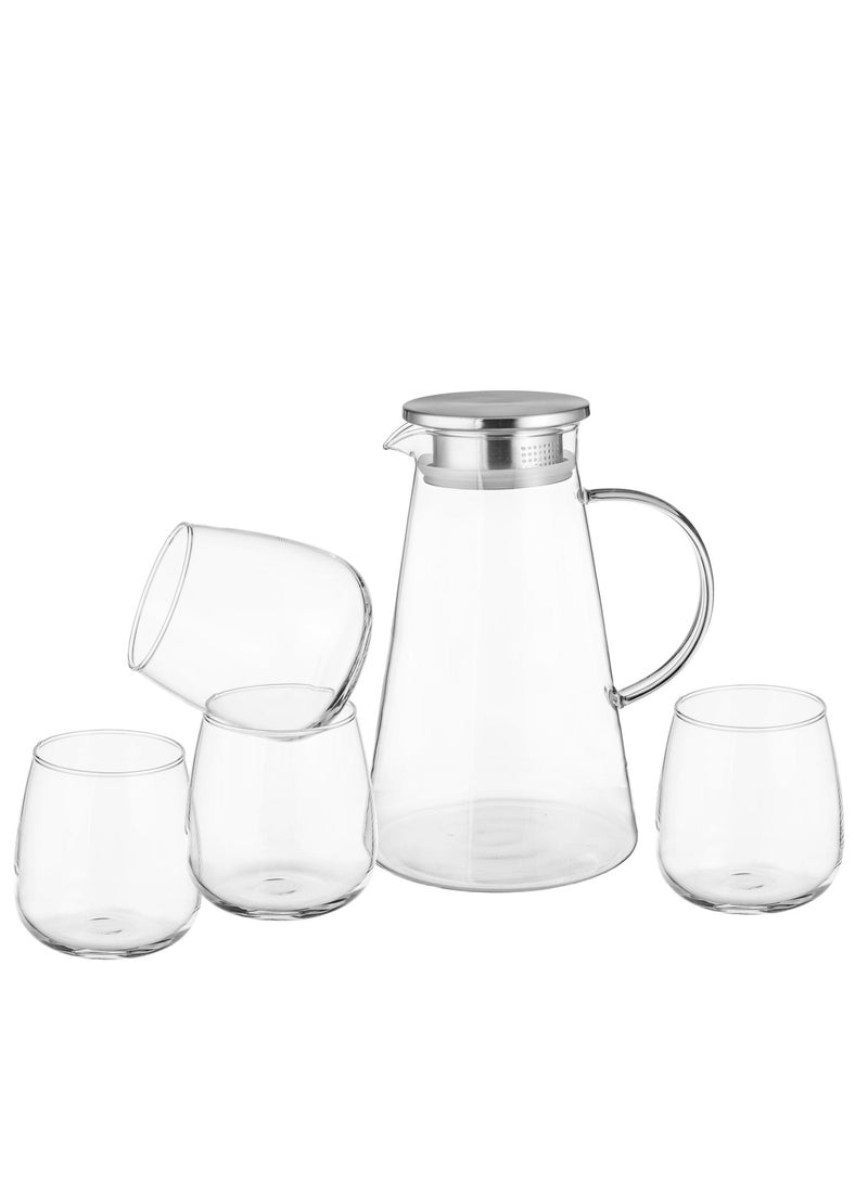 Green Apple 🧃 Pyramid Glass Juice Jug Set with 4 Glasses - Stylish Metal Lid (5 Pieces) - Image 4