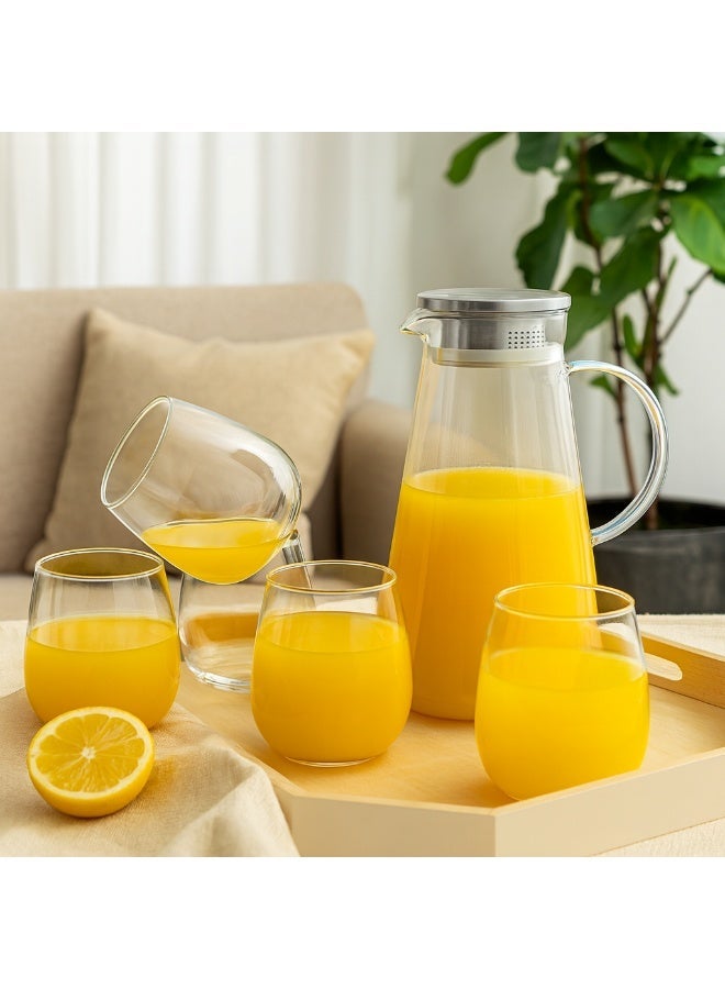 Green Apple 🧃 Pyramid Glass Juice Jug Set with 4 Glasses - Stylish Metal Lid (5 Pieces) - Image 1