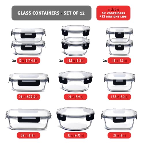 EATEX 24pc Glass Storage Containers with Lids, 12 Set Glass Food Storage Containers with 12 Airtight Lids, Pantry Kitchen Meal Prep Containers for Lunch, Freezer Storage Containers, Oven Safe - Image 3