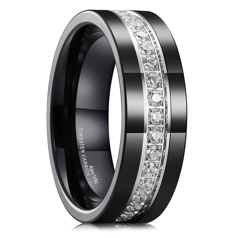 King Will Mens 8mm Black Polished Finish Tungsten Carbide Ring Cubic Zircon Stones Flat Style Wedding Band(11) - Image 1