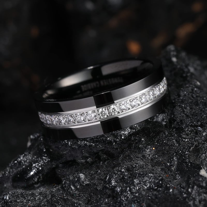 King Will Mens 8mm Black Polished Finish Tungsten Carbide Ring Cubic Zircon Stones Flat Style Wedding Band(11) - Image 3