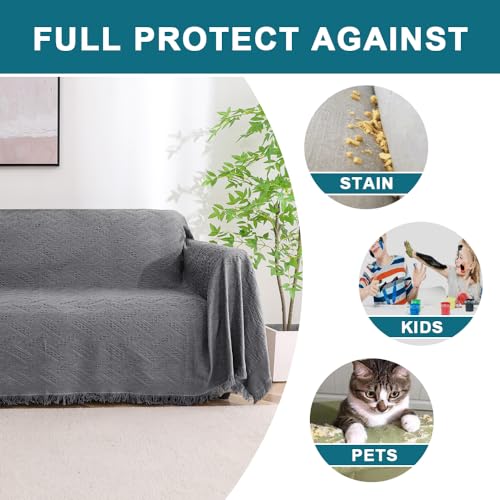 Turquoize Couch Cover Sofa Covers Washable Couch Covers for 3 Cushion Sectional Throw Furniture Cover for Pets Feature Geometrical Jacquard Fabric (91"x 134",XX-Large, Grey) - Image 5