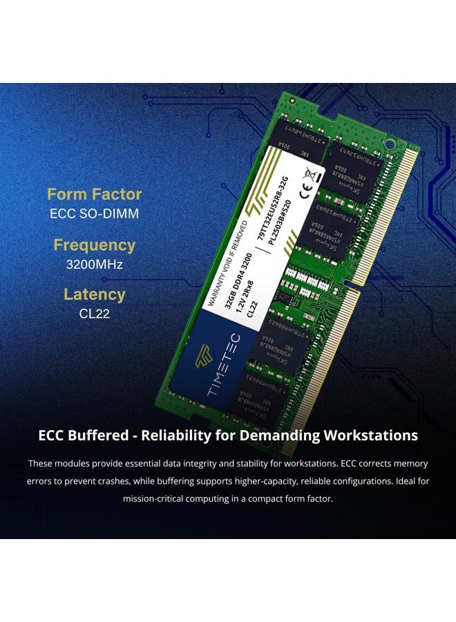 Timetec Hynix IC 32GB DDR4 3200MHz PC4-25600 Unbuffered ECC UDIMM 1.2V CL22 2Rx8 Dual Rank 260 Pin SODIMM Memory RAM Module Upgrade (32GB) - Image 2