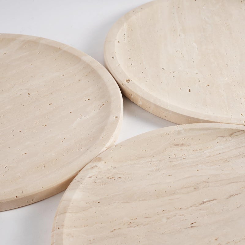 karibiber Travertine Tray, 11.8"x0.8" Round Serving Tray for Kitchen and Coffee Table, Bathroom Trays for Counter, Decorative Vanity Trays, Catchall Fruit and Snack, Light Beige Ottoman Tray - Image 2