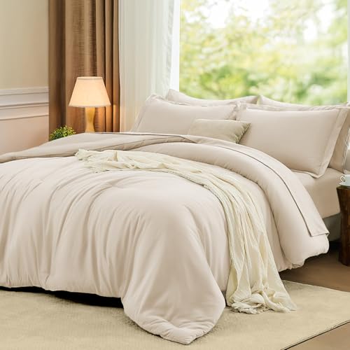 FUANNA Queen Comforter Set Beige, 7 Pieces Soft Bedding Sets Queen Size, All Season Lightweight Bed in a Bag with Comforter, Flat Sheet, Fitted Sheet, Pillowcases & Shams - Image 1
