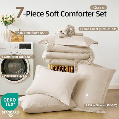 FUANNA Queen Comforter Set Beige, 7 Pieces Soft Bedding Sets Queen Size, All Season Lightweight Bed in a Bag with Comforter, Flat Sheet, Fitted Sheet, Pillowcases & Shams - Image 4