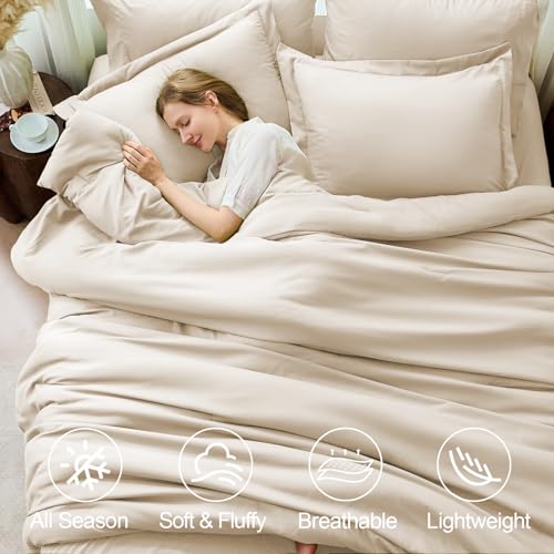 FUANNA Queen Comforter Set Beige, 7 Pieces Soft Bedding Sets Queen Size, All Season Lightweight Bed in a Bag with Comforter, Flat Sheet, Fitted Sheet, Pillowcases & Shams - Image 2