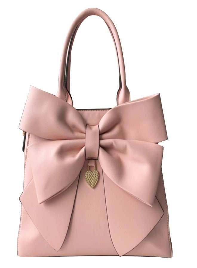 Rullar Women 2Pcs Handbag Set Bow-Knot Satchel Top-handle Crossbody Bag Tote Wallet Purse with Heart Pendant Pink - Image 2