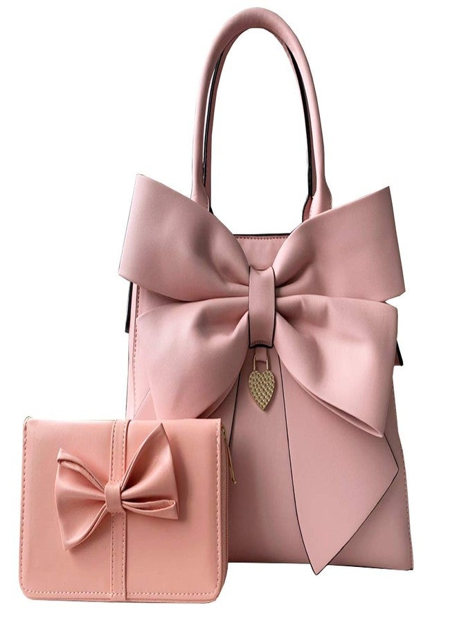 Rullar Women 2Pcs Handbag Set Bow-Knot Satchel Top-handle Crossbody Bag Tote Wallet Purse with Heart Pendant Pink - Image 1