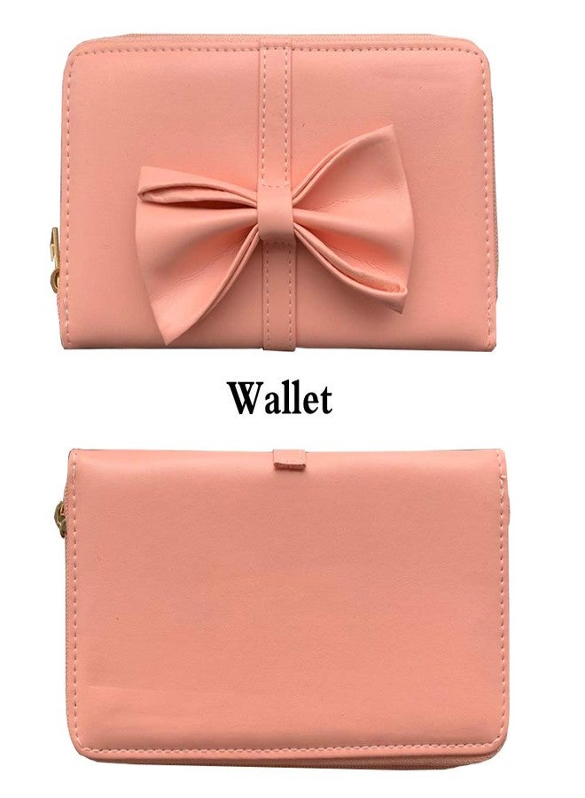 Rullar Women 2Pcs Handbag Set Bow-Knot Satchel Top-handle Crossbody Bag Tote Wallet Purse with Heart Pendant Pink - Image 5