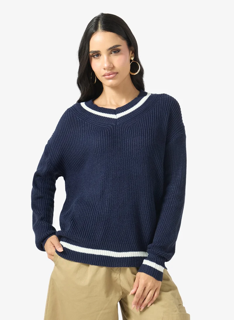 جينجر Varsity Style Ribbed Oversize Sweater