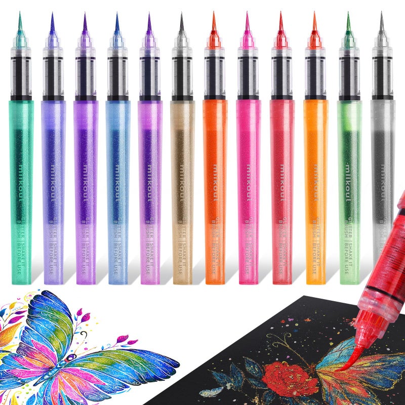 miikoul 12 Colors Glitter Brush Markers Pen Fine Tip for Both Precision Detailing Broad Coverage,Sparkly Pens for Drawing,Birthday Greeting Cards Crafts Scrapbooking DIY Projects on Paper - Image 1