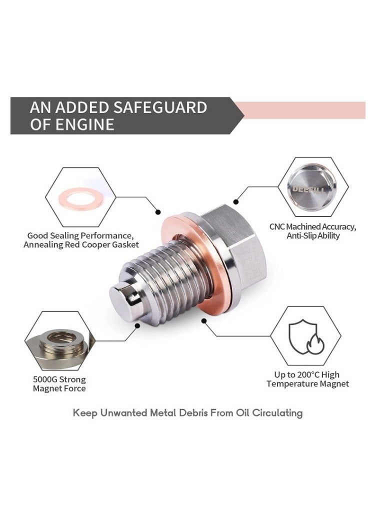 SYOSI Magnetic Oil Drain Plug M14x1.5 Stainless Steel Sump Drain Nut Bolt Oil Drain Plug with 5 PCS Copper Crush Washer Anti Leakage Replacement Universal for Most Cars for Car Motorcycle Boat - Image 2