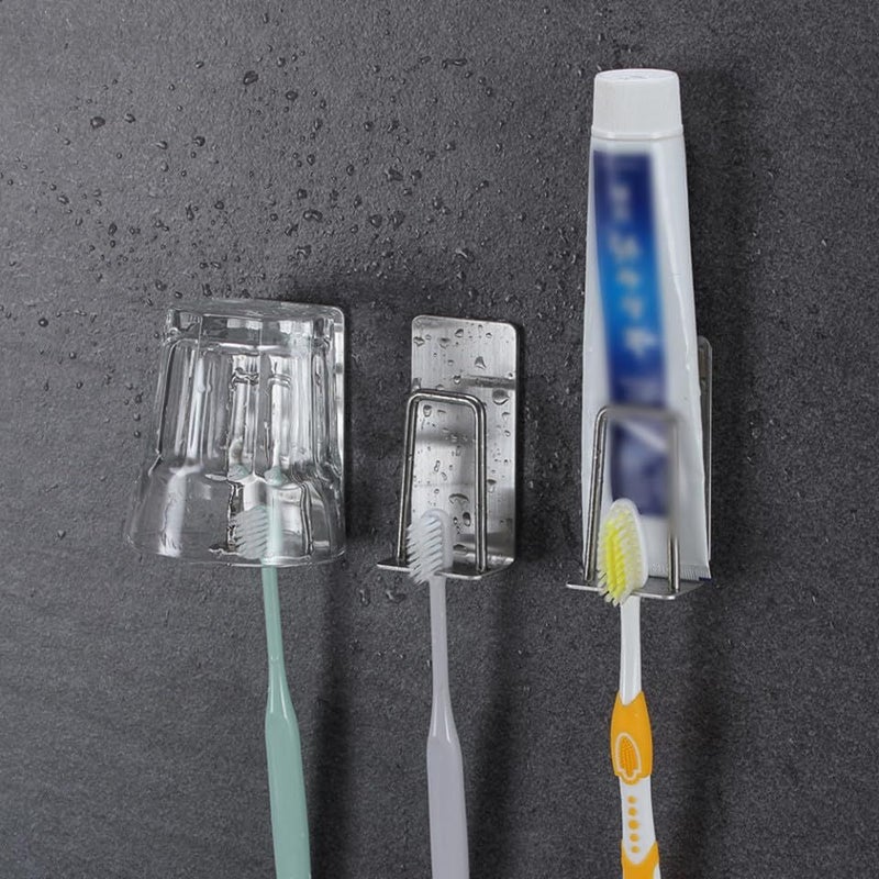 Amosfun 2 Pack Stainless Steel Wall Mounted Toothbrush Holder No Drilling Punch Free Design for Toothbrush Toothpaste Cup Storage Bathroom Home Organizer - Image 3