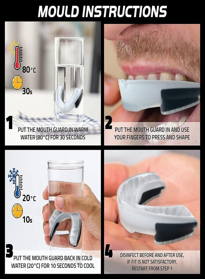 DRANGE واقي فم درانج (قطعتان) بتصميم نحيف، مناسب للبالغين والصغار، مع حافظة، مثالي للملاكمة، وفنون القتال المختلطة، والرجبي، وفنون الدفاع عن النفس، والجودو، والكاراتيه، والهوكي، وجميع الرياضات الاحتكاكية. واقي فم شفاف أسود/أبيض - Image 4