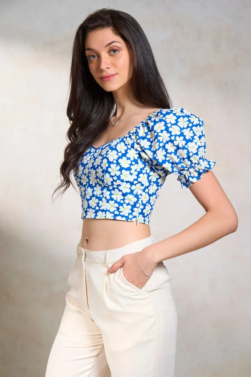 Virgio Blue Cotton Floral Brunchwear Crop Tops for Women for Women | Best Price UAE