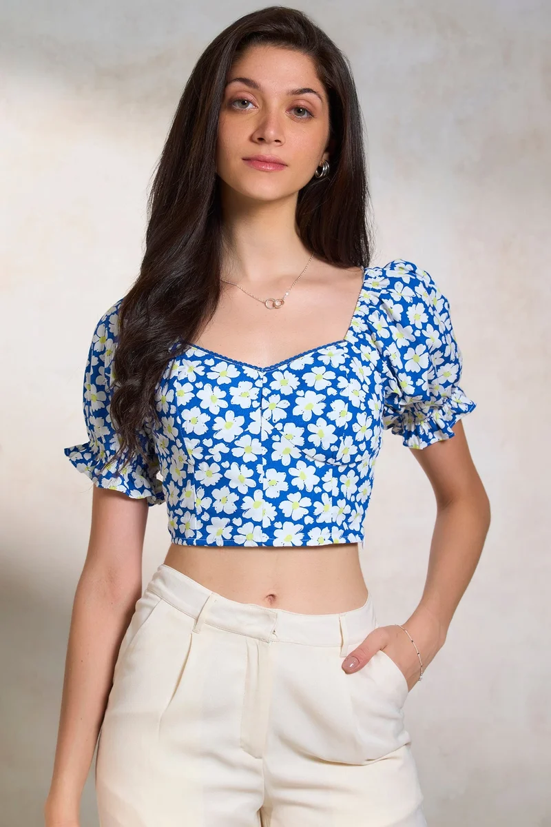 Virgio Blue Cotton Floral Brunchwear Crop Tops for Women for Women | Best Price UAE