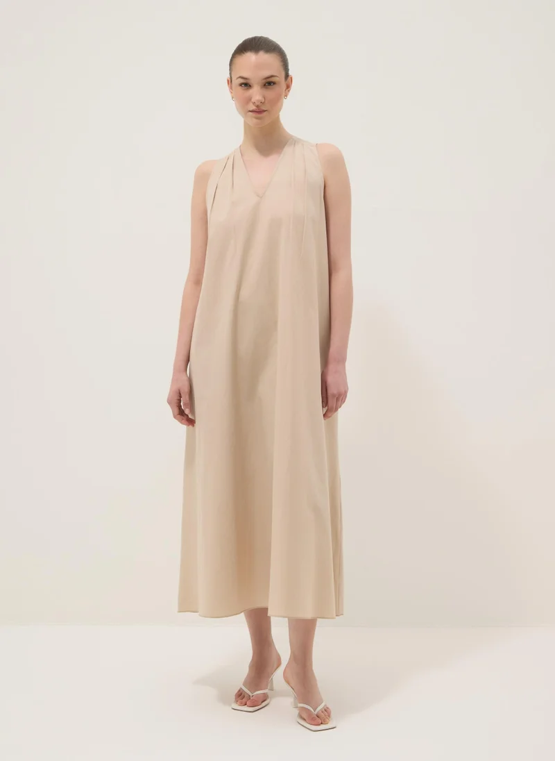 او في اس OVS Beige Midi Dress In Pure Cotton With V-Neck