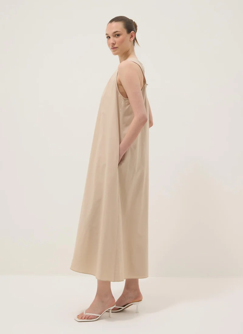 او في اس OVS Beige Midi Dress In Pure Cotton With V-Neck