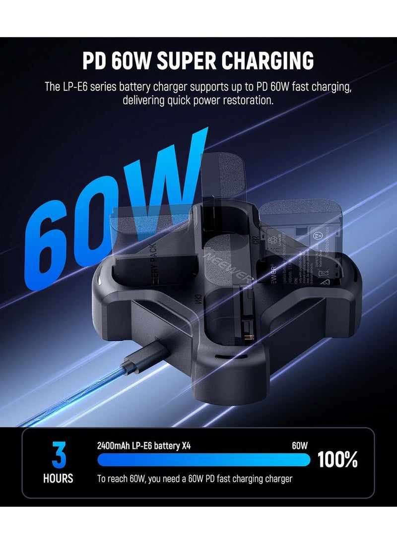 نيوير شاحن سريع NEEWER NW-P4 LP-E6 بأربع قنوات PD60W | شحن متزامن، شاشة LCD ذكية، توصيل طاقة USB-C لبطاريات كانون LP-E6، LP-E6N، LP-E6NH - Image 2