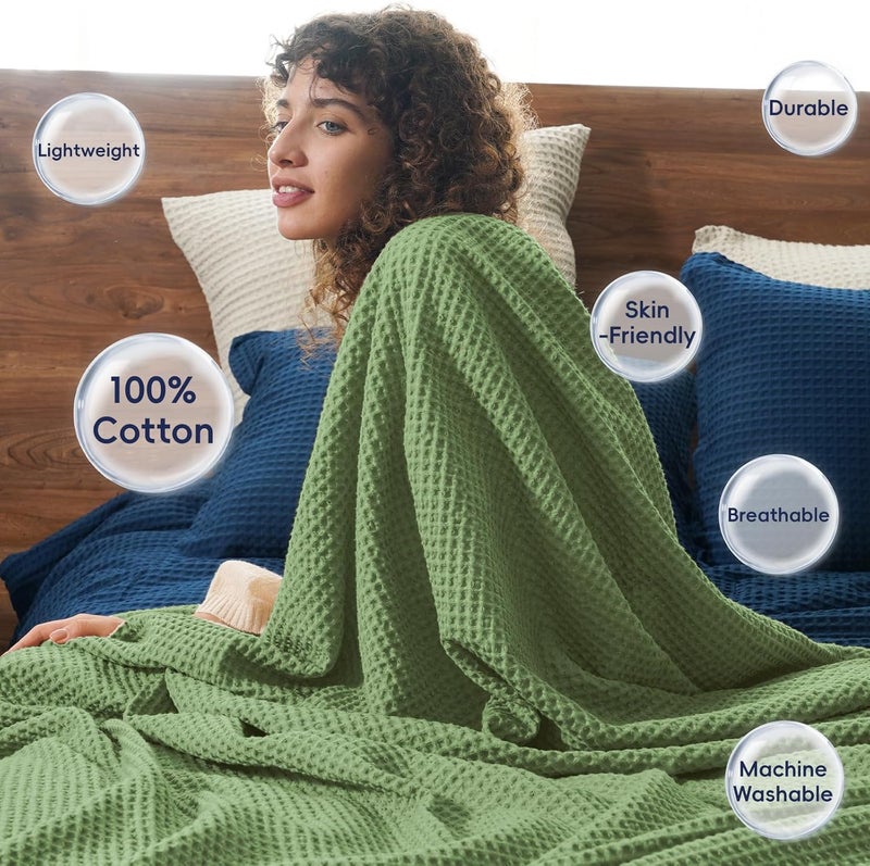 PHF بطانية قطنية منسوجة بشكل وافل مغسولة مسبقًا بحجم مناسب للأريكة والسرير، مقاومة للتمزق، خفيفة الوزن، قابلة للتنفس، معتمدة من Oeko-TEX، قابلة للغسل في الغسالة، هدية لتزيين المنزل - لون أخضر لودن - Image 3