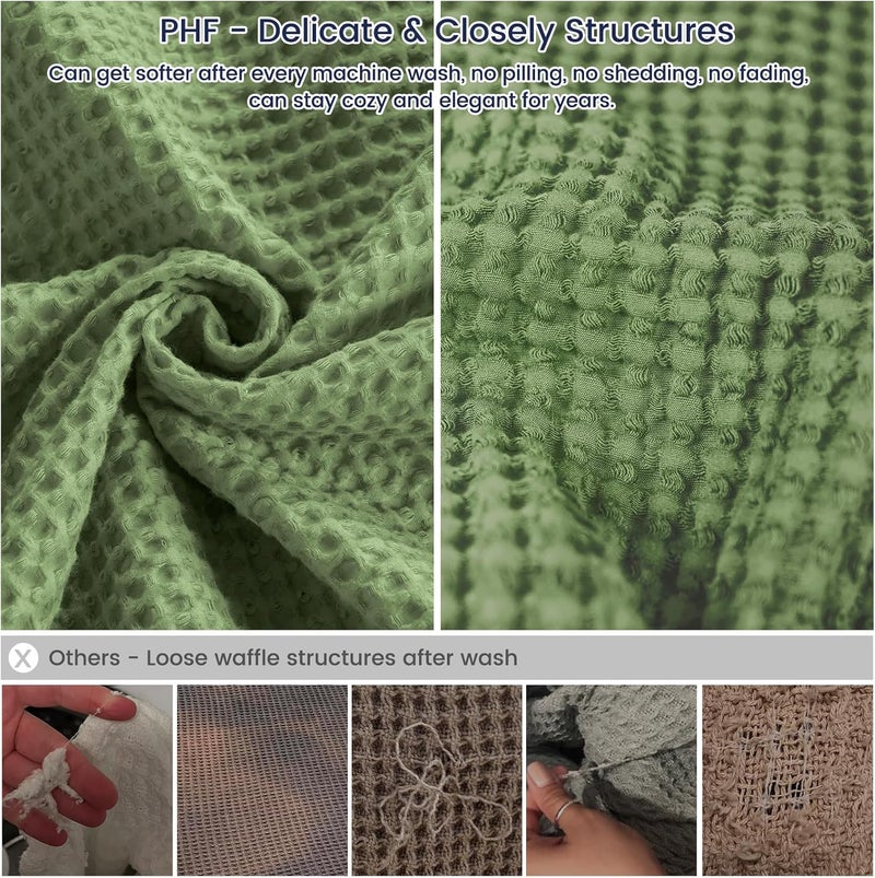 PHF بطانية قطنية منسوجة بشكل وافل مغسولة مسبقًا بحجم مناسب للأريكة والسرير، مقاومة للتمزق، خفيفة الوزن، قابلة للتنفس، معتمدة من Oeko-TEX، قابلة للغسل في الغسالة، هدية لتزيين المنزل - لون أخضر لودن - Image 4