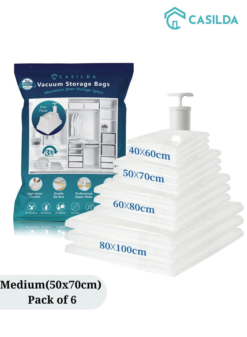 Casilda Space Saver Vacuum Storage Bags with Hand Pump, Vacuum bag Reusable for 80% more Space for Packing Clothes, Blankets, Pillows, Bedding and Travel 50x70 cm – Medium, Set of 6 - Image 1
