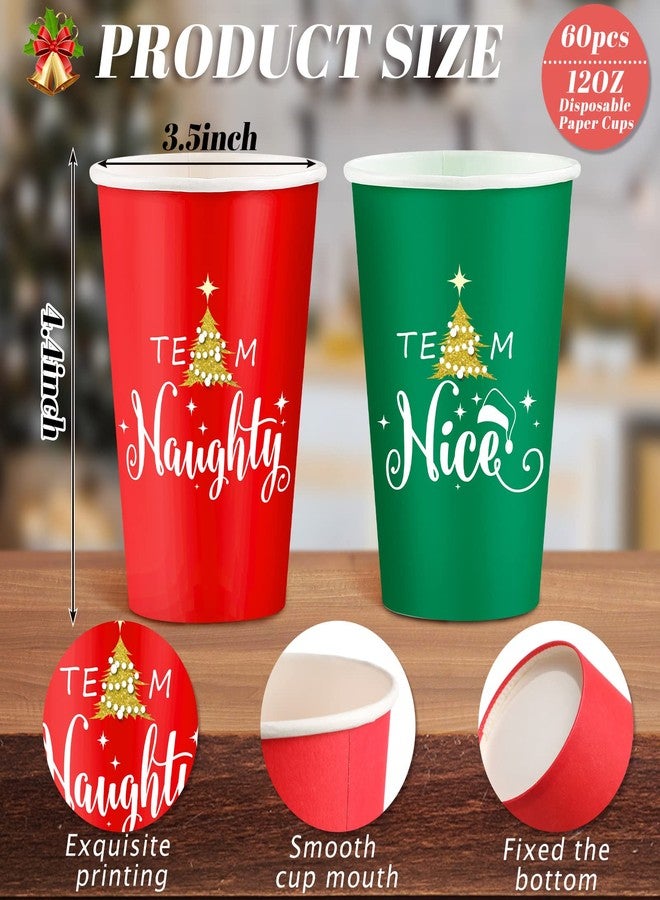 Funtery 60 Pcs 12 oz Christmas Paper Cups - Team Naughty or Nice Party Disposable Cups for Hot and Cold Beverages - Red Green Coffee Cup for Xmas Holiday Party Supplies - Image 2