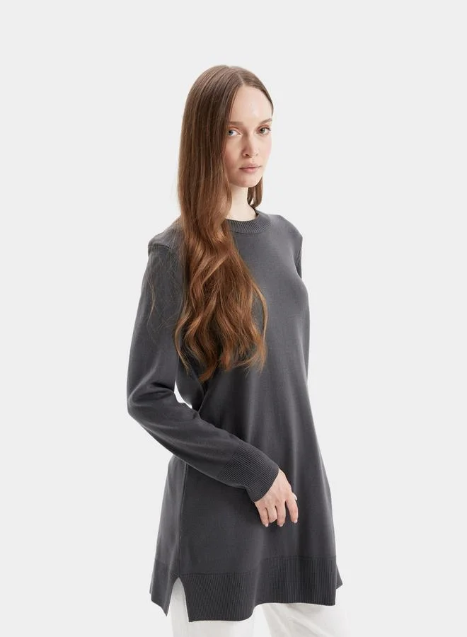 ديفاكتو DeFacto Regular Fit Crew Neck Side Slit Longline Tunic