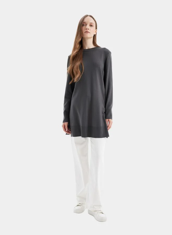 ديفاكتو DeFacto Regular Fit Crew Neck Side Slit Longline Tunic