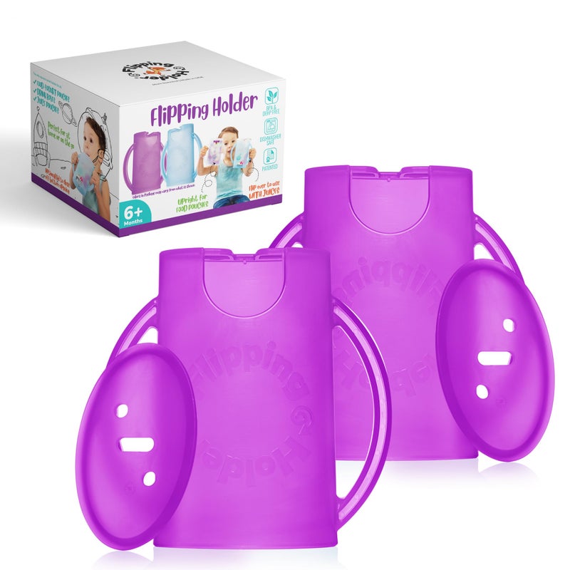 Flipping Holder حامل فليب سهل الاستخدام لعلب الطعام للأطفال، الرضع، والأطفال، خالي من الفوضى، حامل عصير ووجبات خفيفة من صلصة التفاح مع مقابض سهلة الاستخدام وغطاء - Image 1