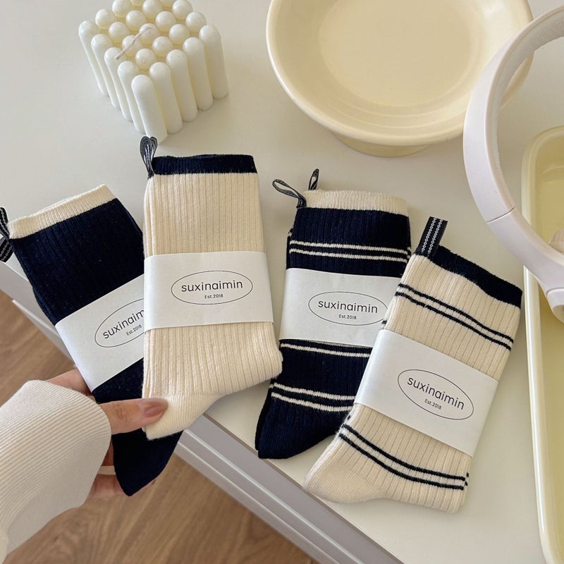 suxinaimin Contrast Color Striped Mid-Socks Women's Instagram Fashionable Autumn and Winter Heel Cloth Label Double Needle Stacked Socks - Image 2