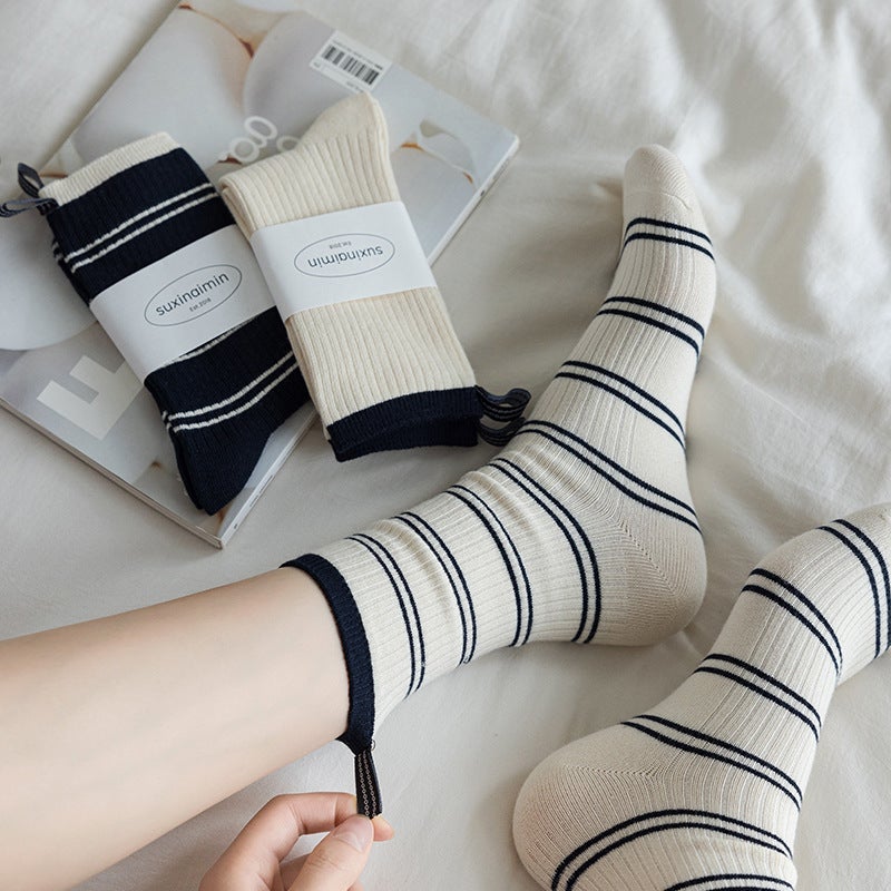 suxinaimin Contrast Color Striped Mid-Socks Women's Instagram Fashionable Autumn and Winter Heel Cloth Label Double Needle Stacked Socks - Image 3